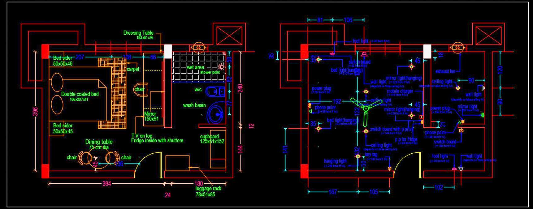 Hotel Guest Room with Walk-In Closet and Toilet Layout- Free DWG